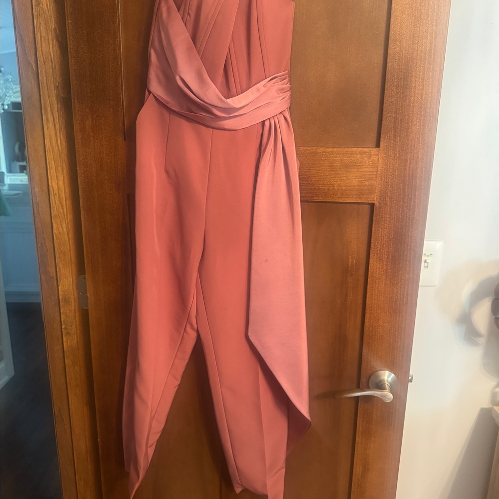 Lavish Alice Coral Strapless Jumpsuit withSatin Accent Draping- Size 6 Worn Once